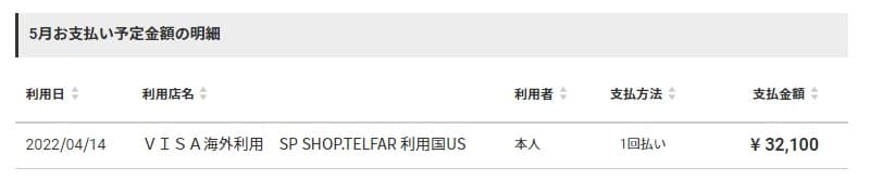 テルファーバッグ支払い明細