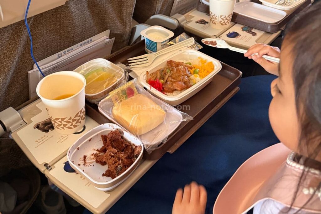 3歳児が機内食を食べて過ごす長時間フライト中の様子
