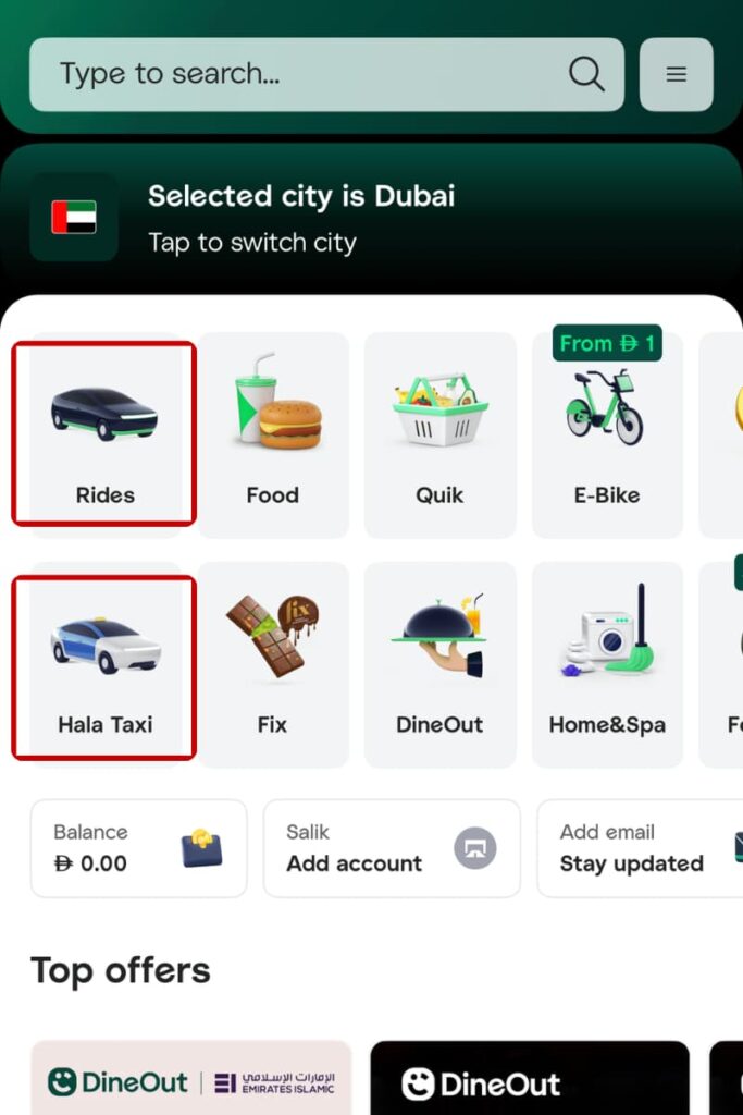 Careemアプリの配車画面（Hala TaxiとRidesの選択画面）
