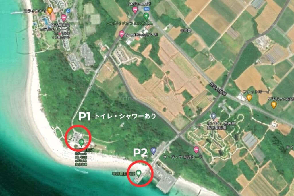 与那覇前浜ビーチの駐車場位置（P1とP2）がわかる地図